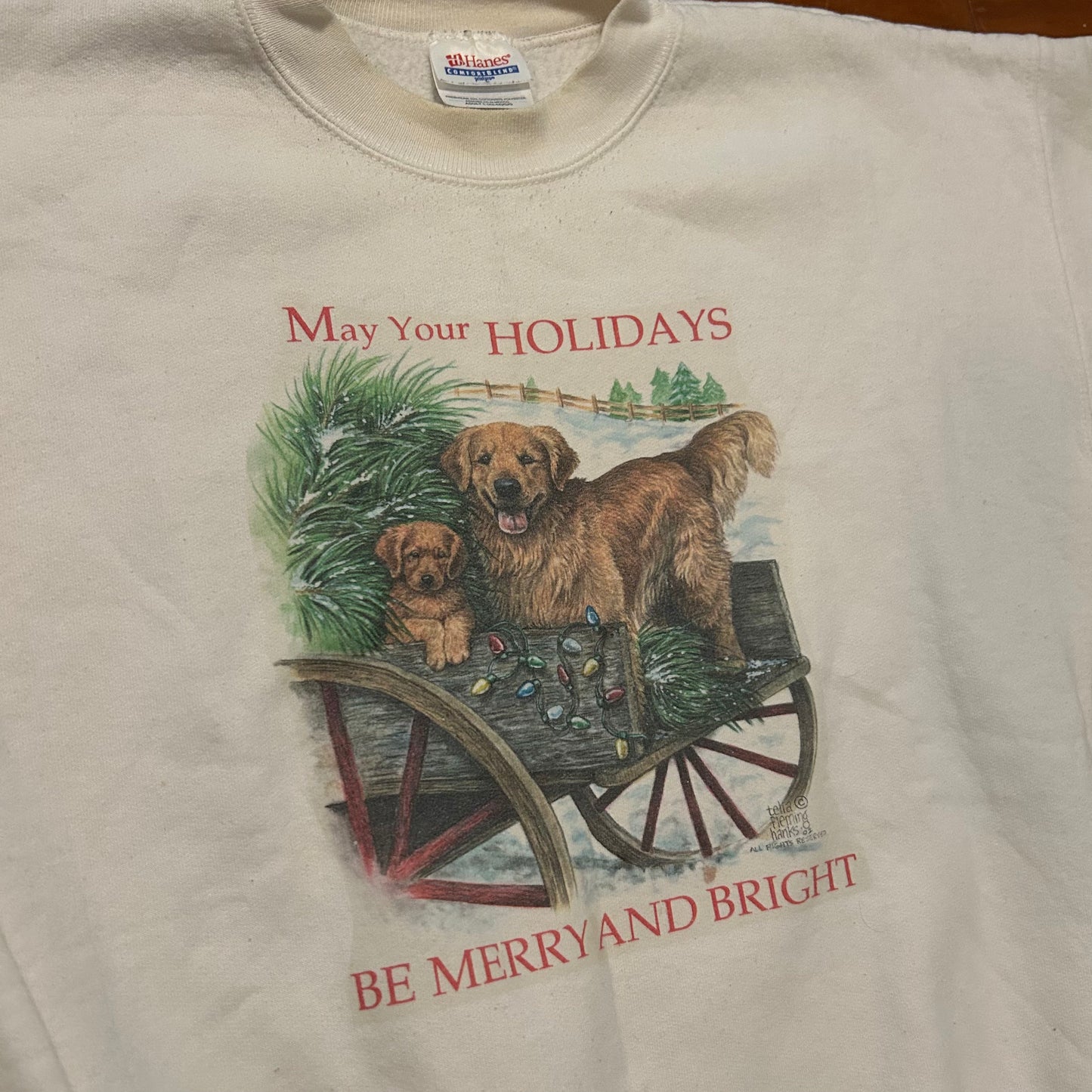 Hanes Comfortblend Golden Retriever Christmas Holiday’s Merry and Bright White Crewneck Sweatshirt - XLarge - 24" x 24.5"