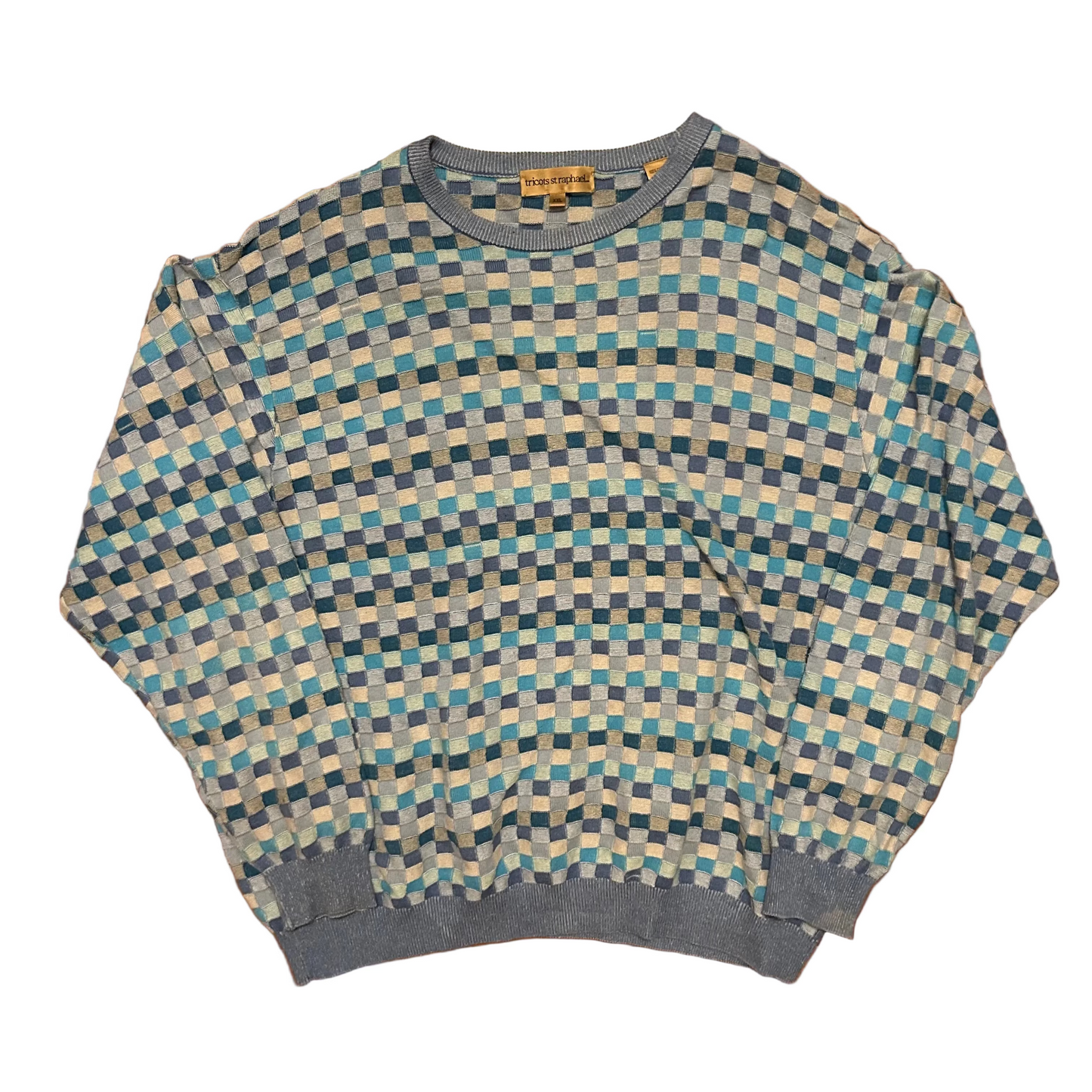 Tricots St Raphael Blue Checkered Knit Sweater - XLarge - 26" x 27"