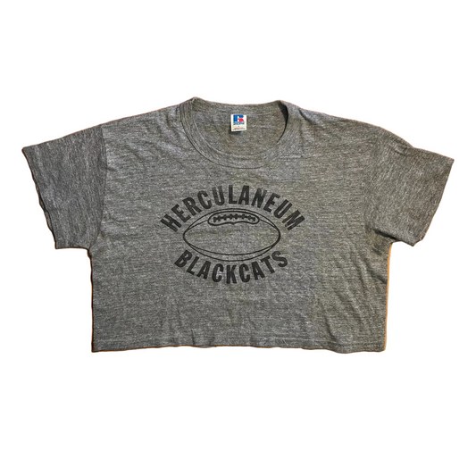80's Russell Athletics Herculaneum Blackcats Football Grey Cropped Tshirt - Large - 22" x 17.5"