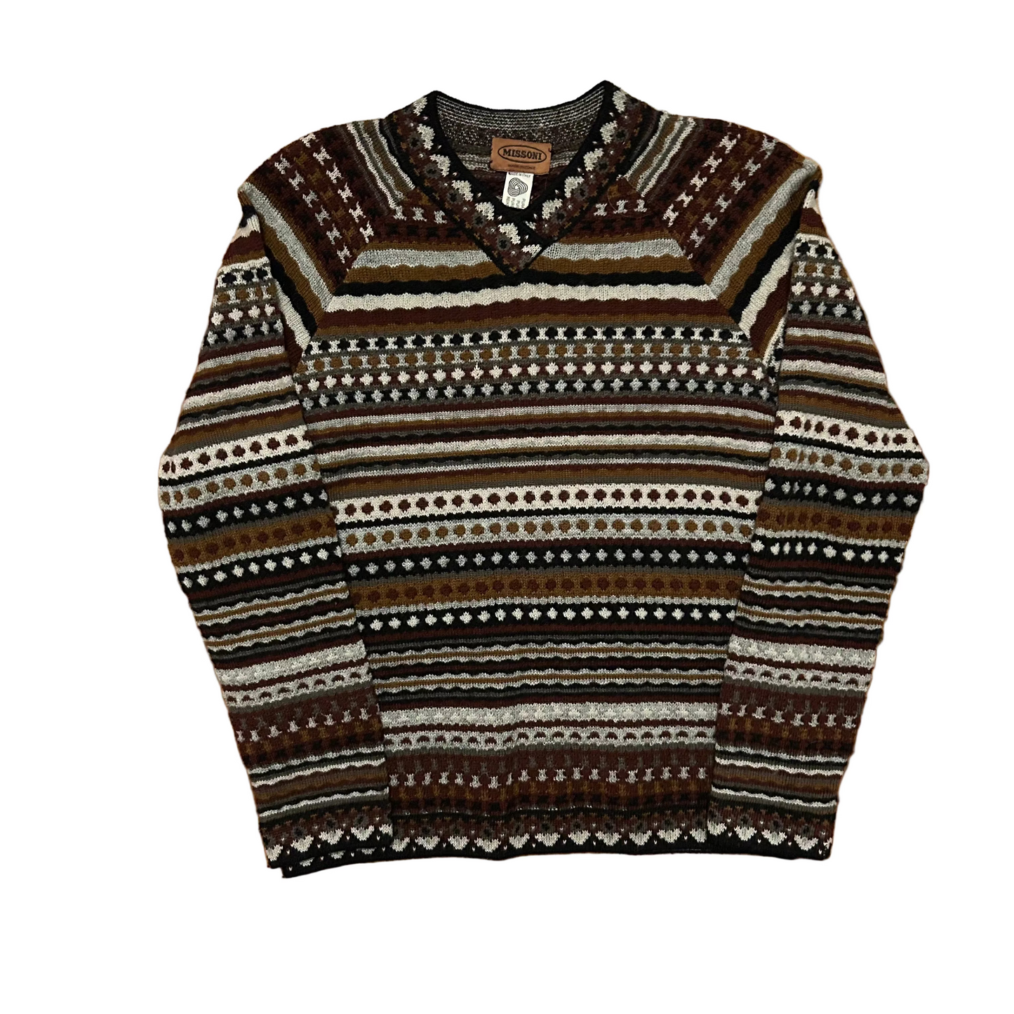 Missoni Italian Wool Brown V Neck Sweater - Small - 19" x 25"