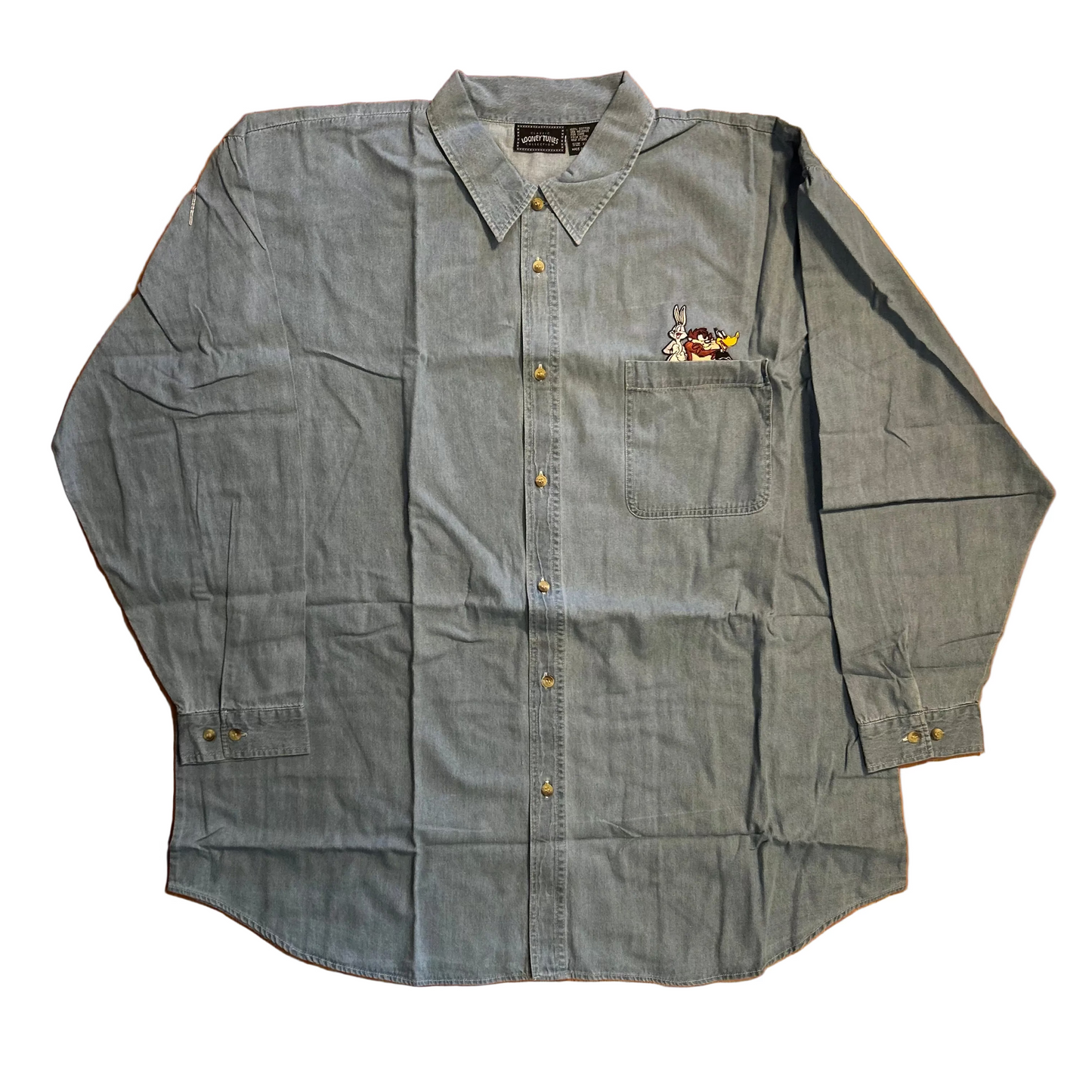 Brand New DS Looney Tunes Embroidered Denim Button Up Shirt - XLarge - 28.5" x 34"