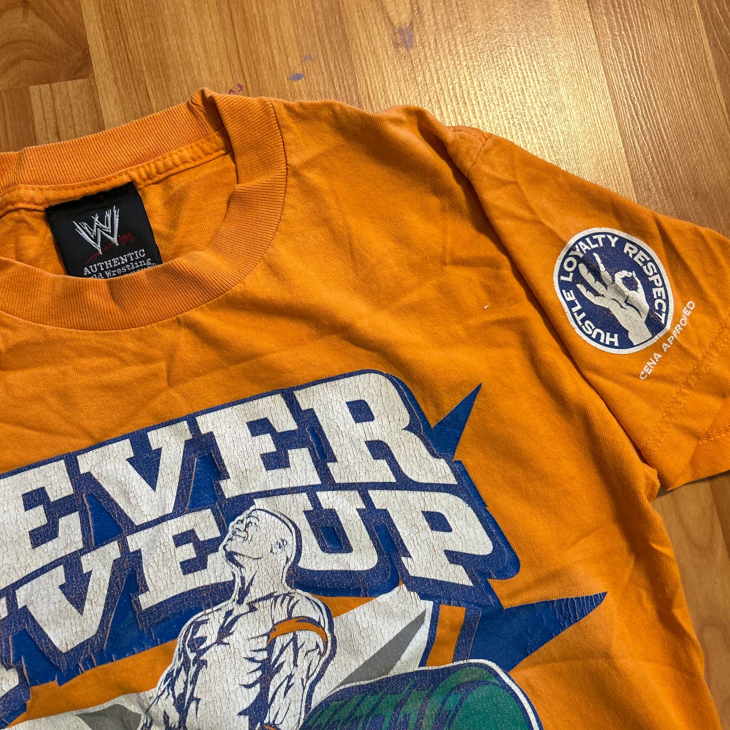2008 WWE John Cena Never Give Up Orange Tshirt - XSmall - 17" x 25"