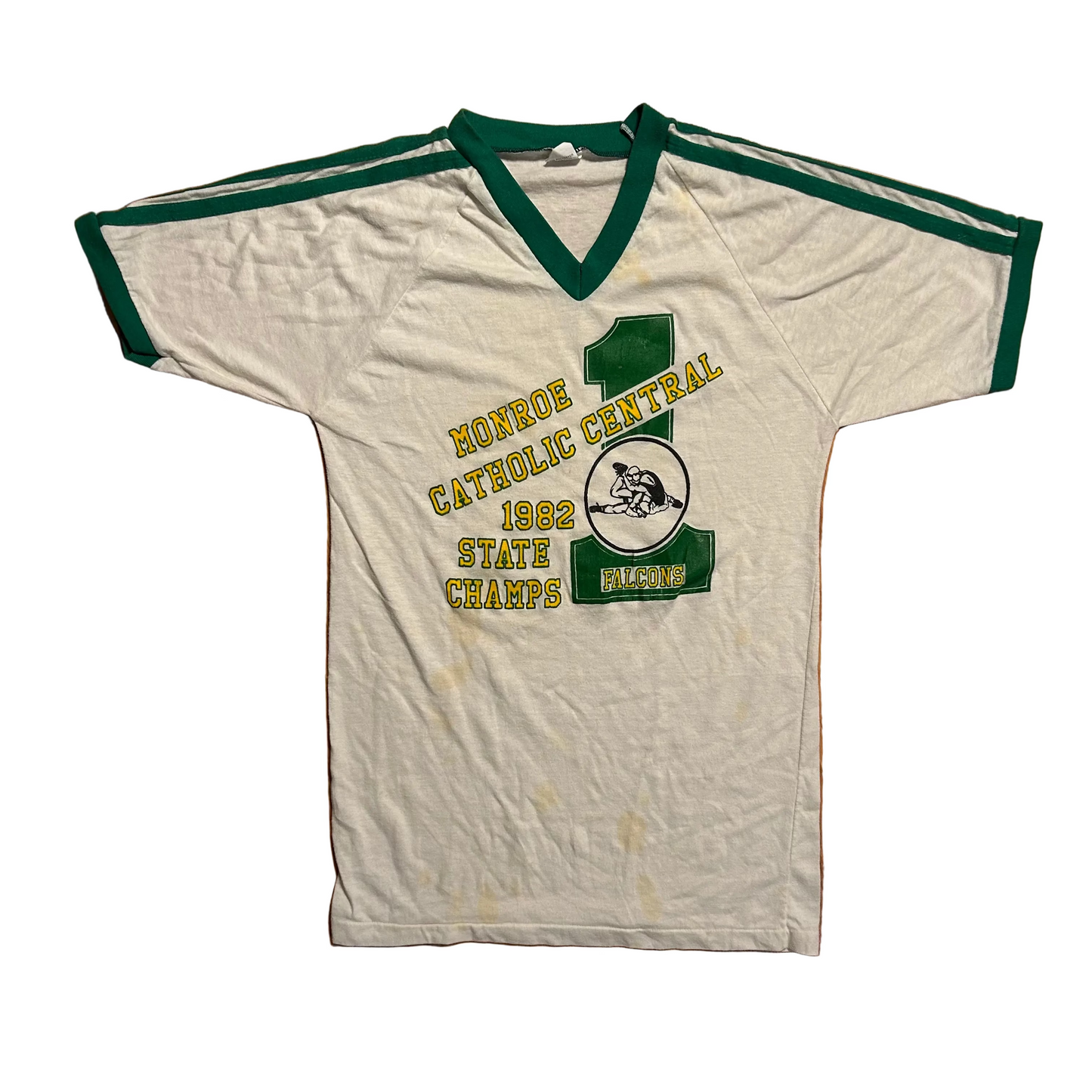 70/80’s Bantams Monroe Catholic Central State Champs VNeck White Green Tshirt - Small - 18” x 29”