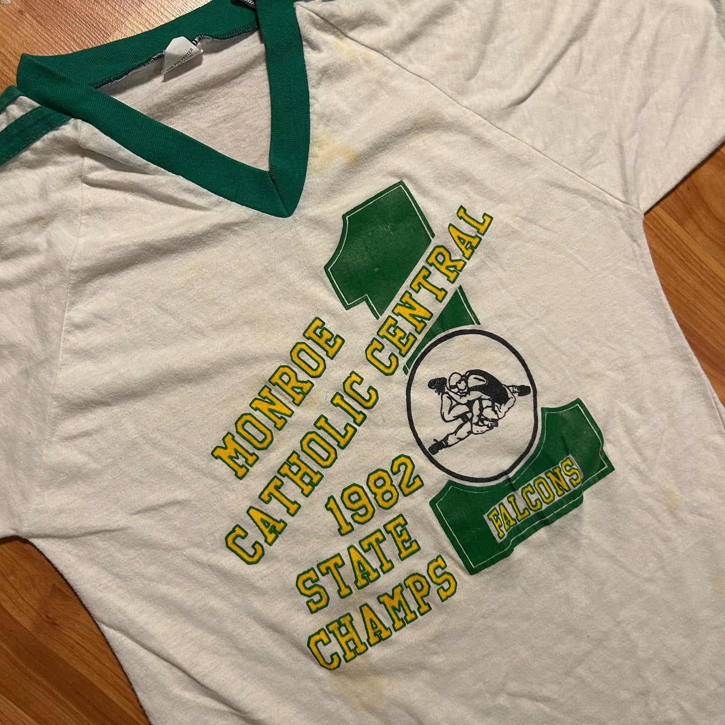 70/80’s Bantams Monroe Catholic Central State Champs VNeck White Green Tshirt - Small - 18” x 29”