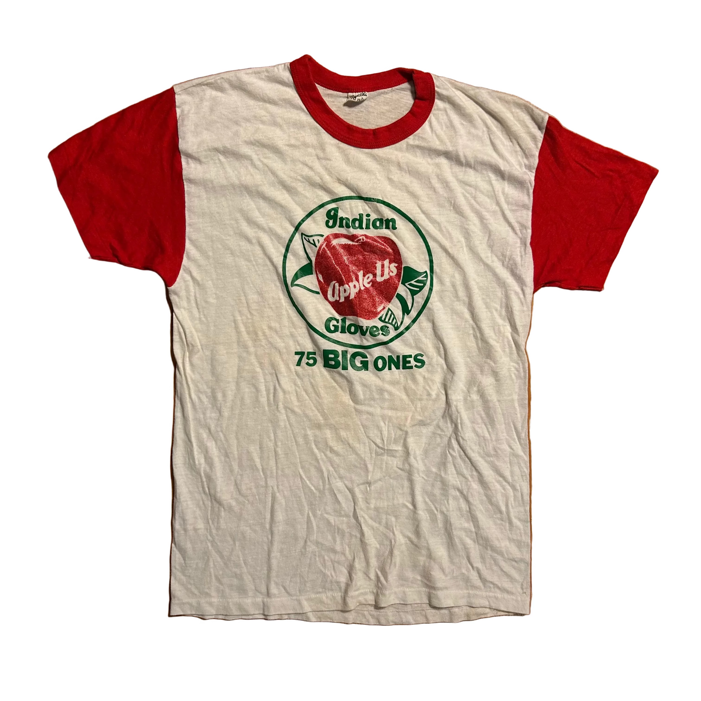 70’s Hanes Apple Us Indian Gloves 75 Big Ones Red White Tshirt - Small - 19” x 27”