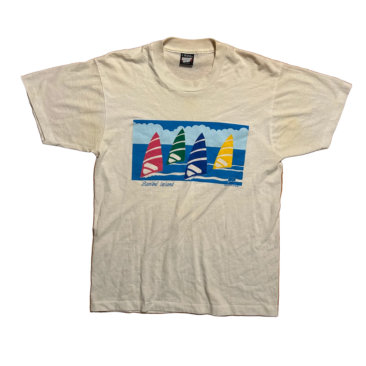 90’s Screen Stars Best Sanibel Island Sailing White Tshirt - Medium - 20” x 29”