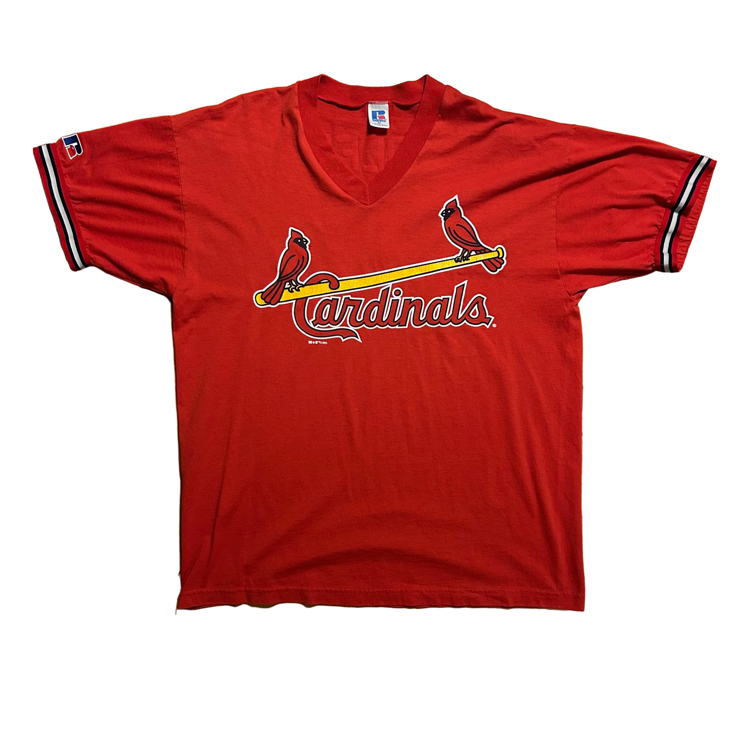 80/90’s Russell Athletics St Louis Cardinals MLB Baseball Wolfe Red VNeck Tshirt - Large - 22” x 29”
