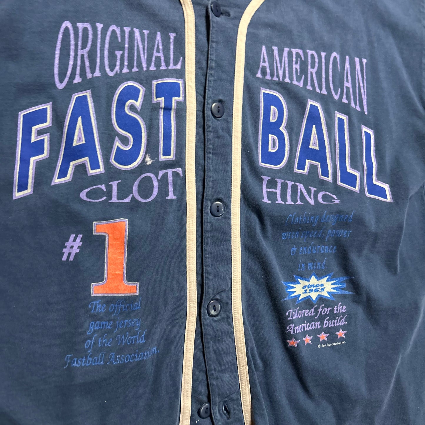 80/90’s Sun Sportswear Original American Fastball Clothing Baseball Jersey Shirt - Large - 23” x 27”