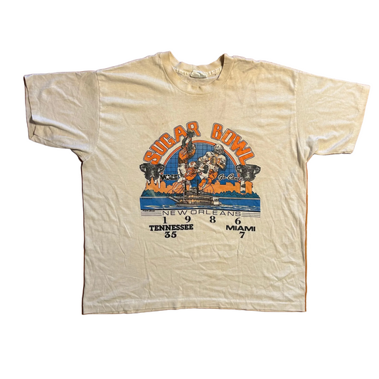 80’s Sugar Bowl Miami Hurricanes Tennessee Vols White Tshirt - XLarge - 24" x 28"