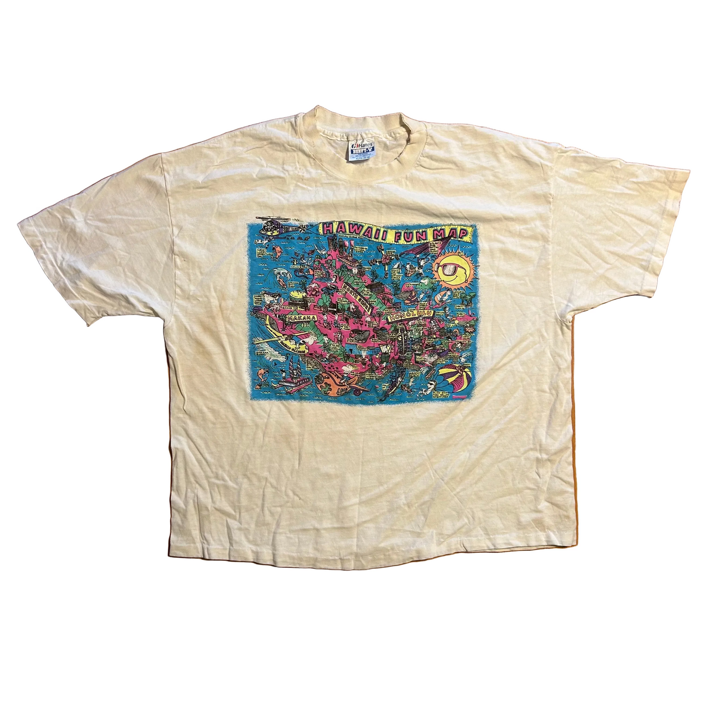90’s Hanes Beefy Hawaii Fun Map White Tshirt - Large - 23" x 26"