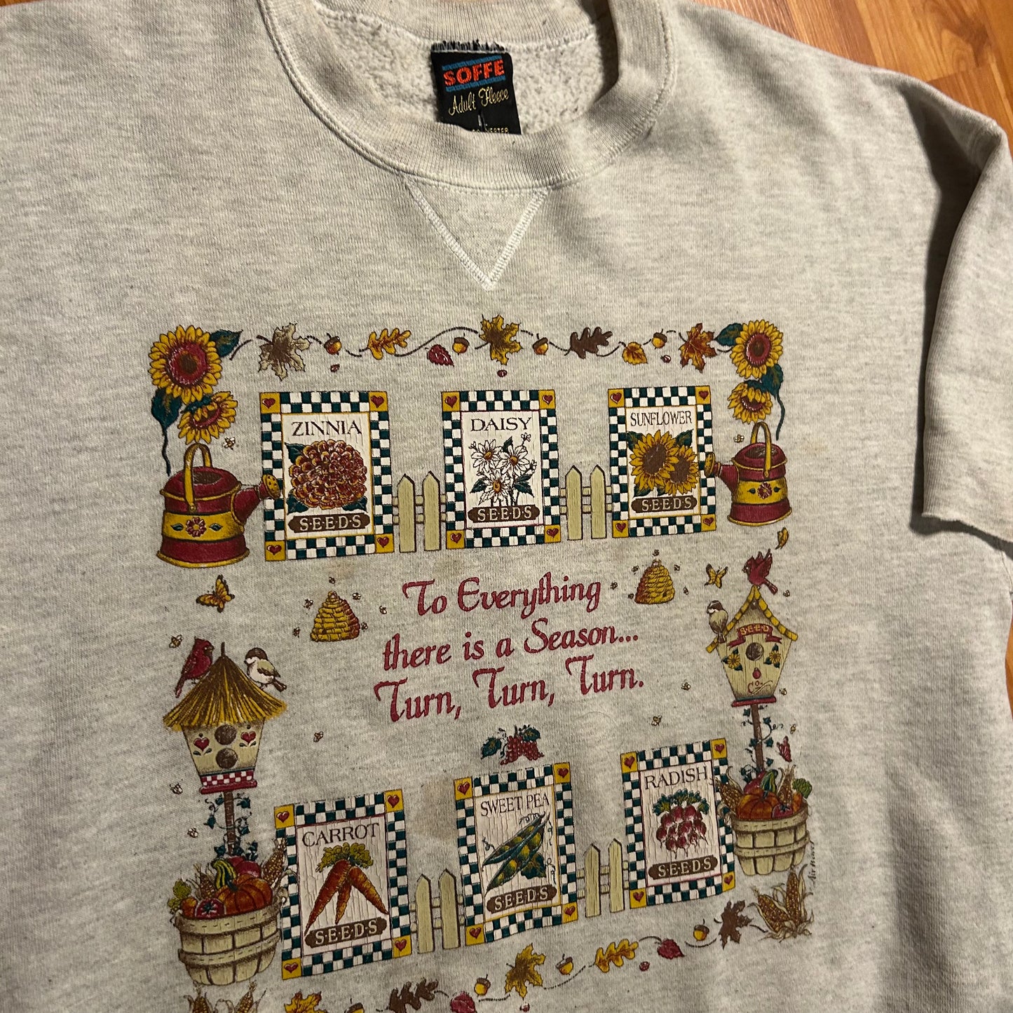 80/90’s Soffee To Everything there is a Season Turn Turn Turn Grey Crewneck Cutoff Short Sleeve Sweatshirt - Large - 23.5" x 28"