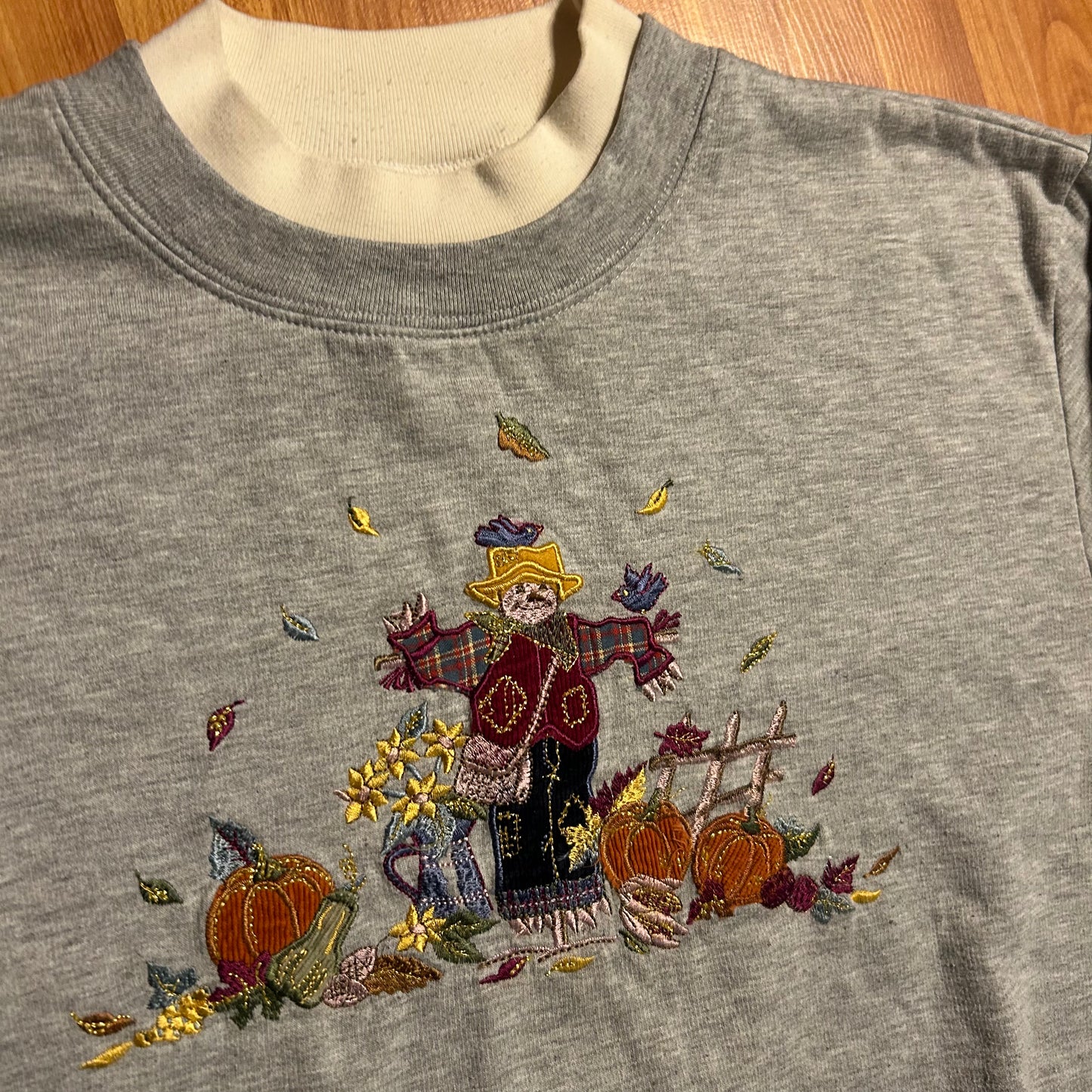 Scarecrow Fall Autumn Grey Double Collared Crewneck Sweatshirt - Large - 23.5" x 27"