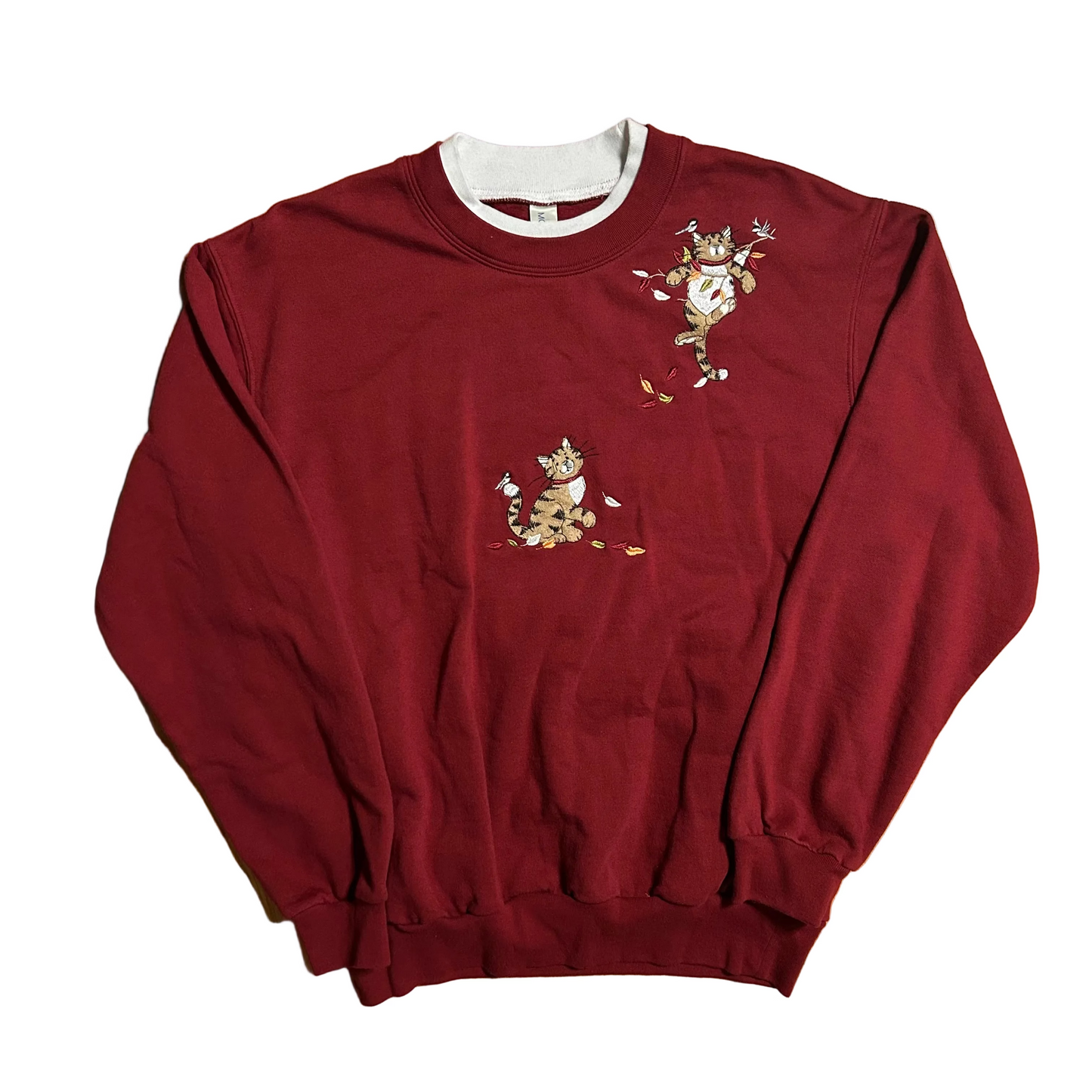 Morning Sun Fall Autumn Cat Maroon Red Double Collared Crewneck Sweatshirt - Medium - 21" x 25"
