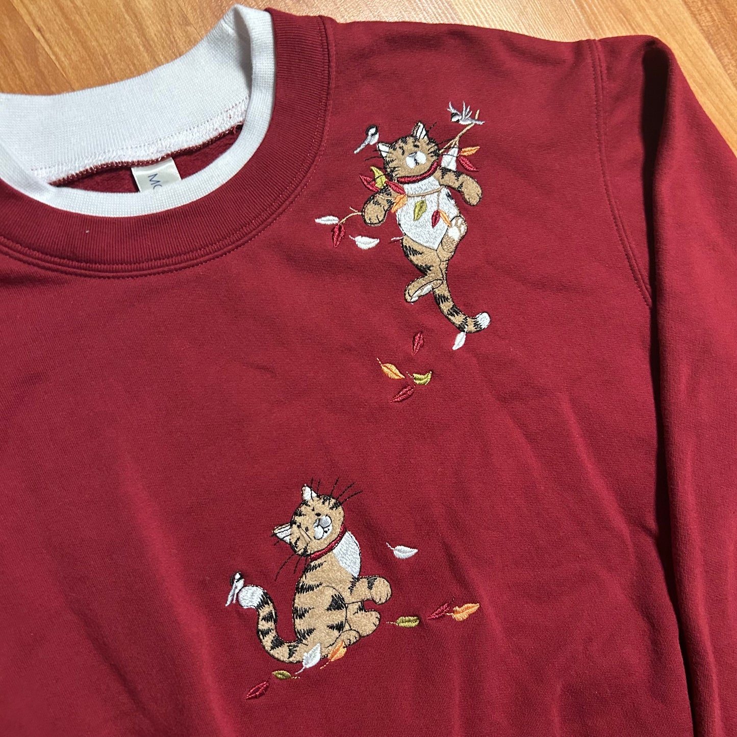 Morning Sun Fall Autumn Cat Maroon Red Double Collared Crewneck Sweatshirt - Medium - 21" x 25"