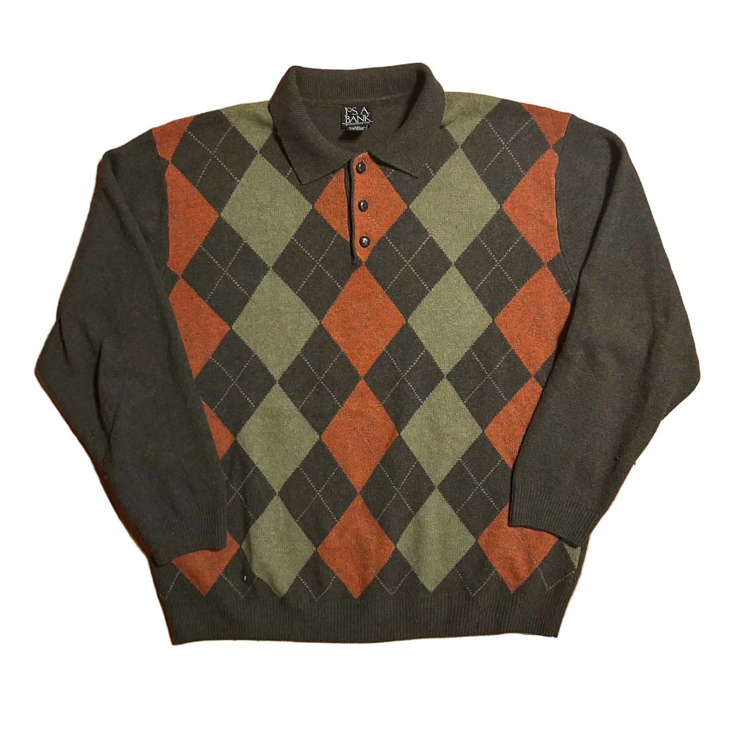 Jos A Bank Lambs Wool Nylon Green Collared Sweater - XLarge - 26" x 30"