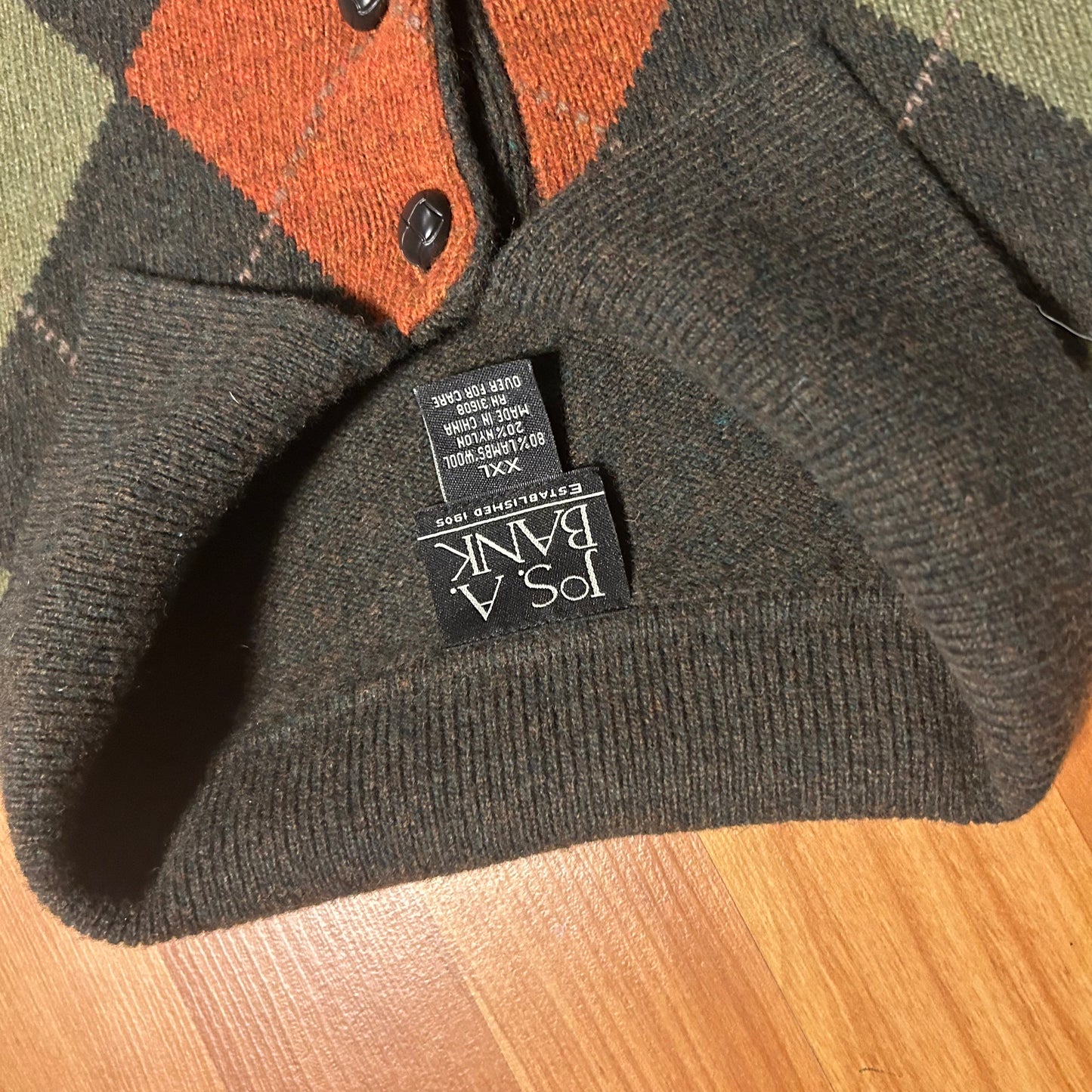 Jos A Bank Lambs Wool Nylon Green Collared Sweater - XLarge - 26" x 30"