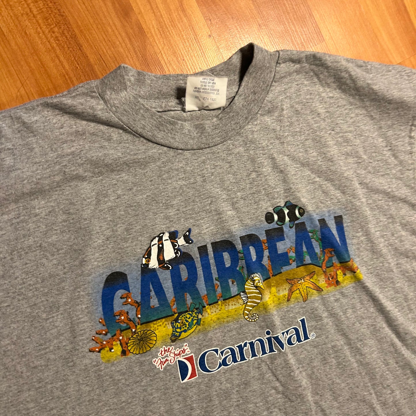 90’s Fun Ships Caribbean Carnival Cruise Grey Tshirt - XLarge - 24" x 32"