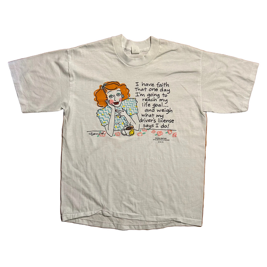 80/90’s Shoebox Greetings Weigh What My License Says White Tshirt. Medium - 20" x 26"