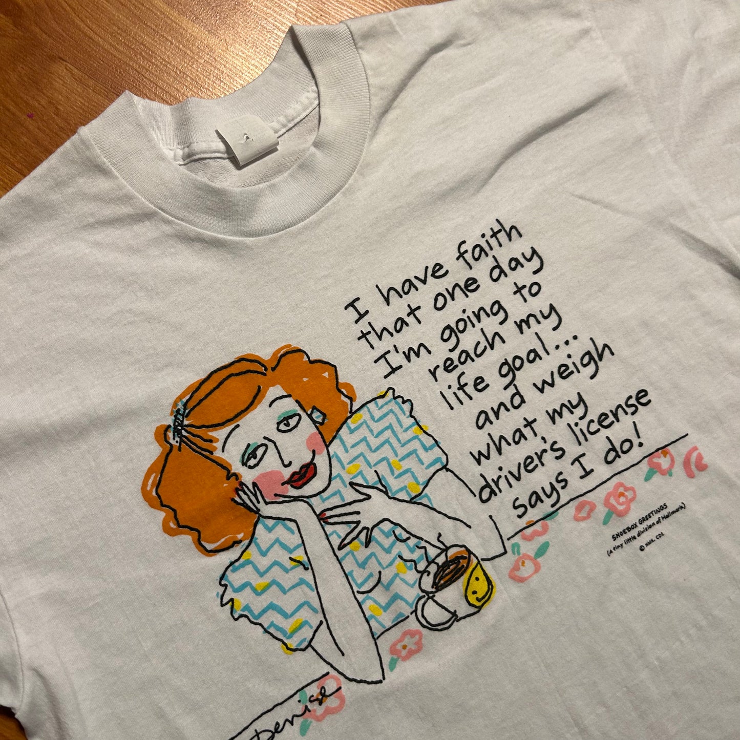 80/90’s Shoebox Greetings Weigh What My License Says White Tshirt. Medium - 20" x 26"