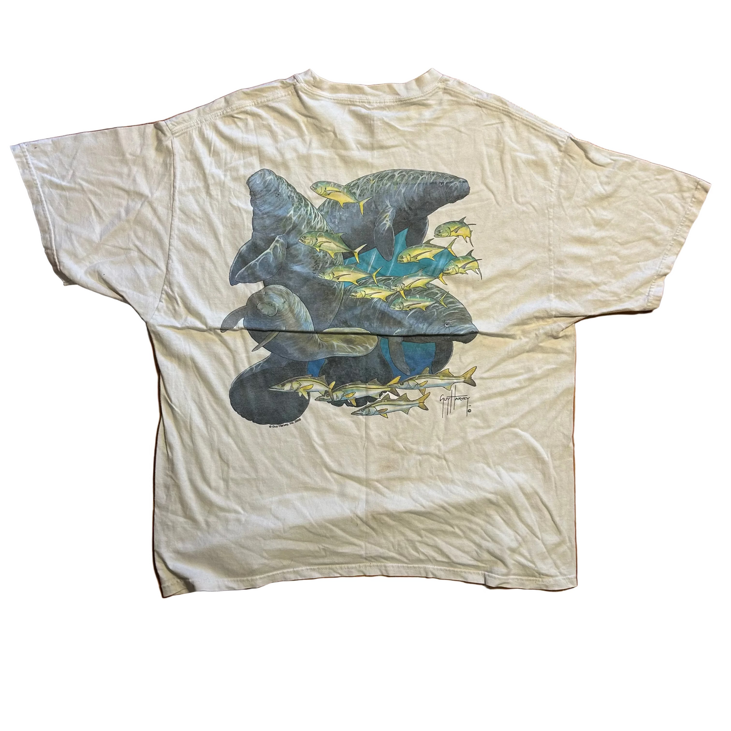 Guy Harvey Fishing White Pocket Tshirt - Large - 23.5" x 28"