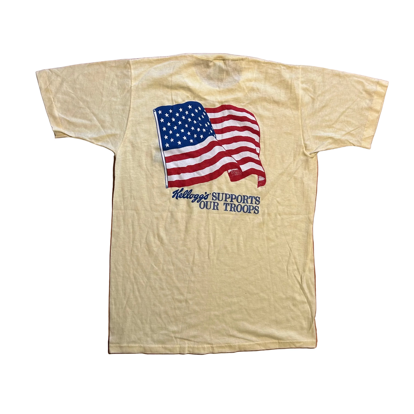 80/90’s Jerzees Kellogg’s Supports Our Troops Yellow Tshirt - Small - 18" x 26.5"