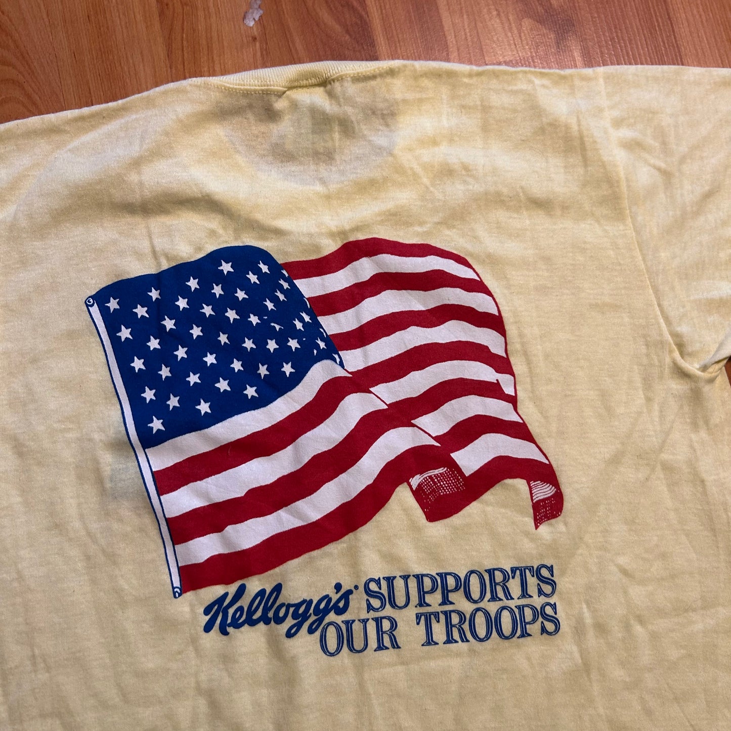 80/90’s Jerzees Kellogg’s Supports Our Troops Yellow Tshirt - Small - 18" x 26.5"