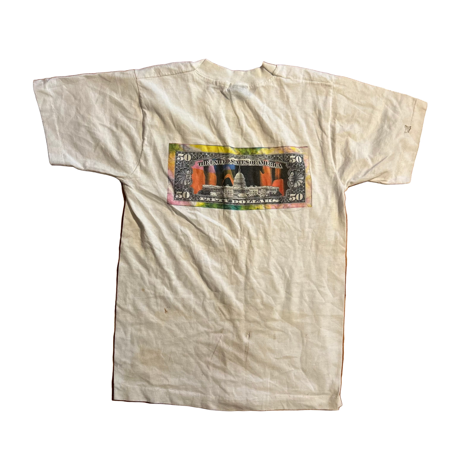 90's FOTL $50 Bill Tie Dye Psychedelic White Tshirt - XSmall - 17" x 25"