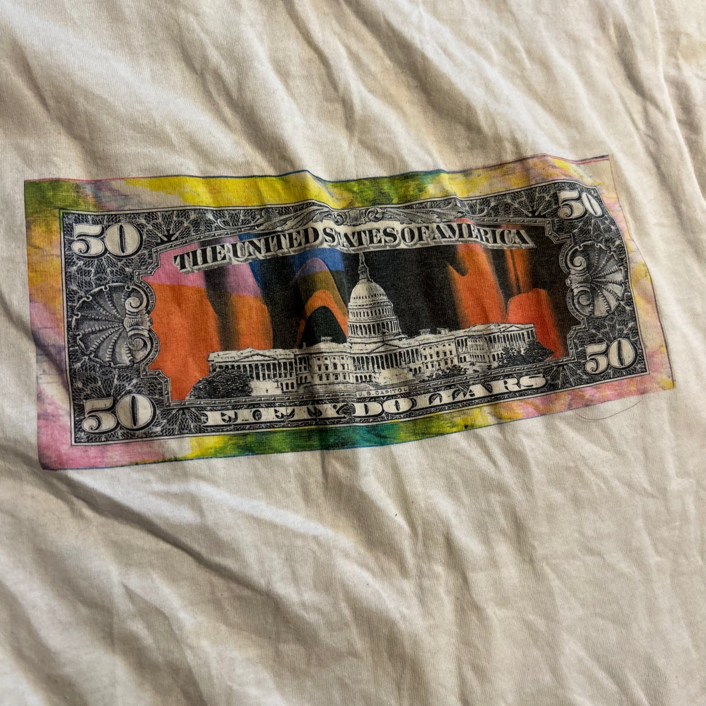90's FOTL $50 Bill Tie Dye Psychedelic White Tshirt - XSmall - 17" x 25"