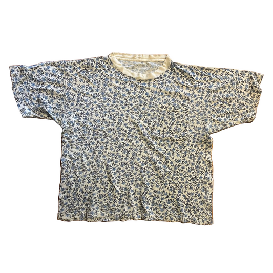 80/90’s Floral Patterned White Blue Pocket Tshirt - Large - 23.5" x 25"