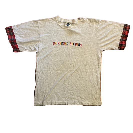 90’s Universal Studios Multicolor Flannel Sleeved Grey Tshirt - Large - 21" x 29"