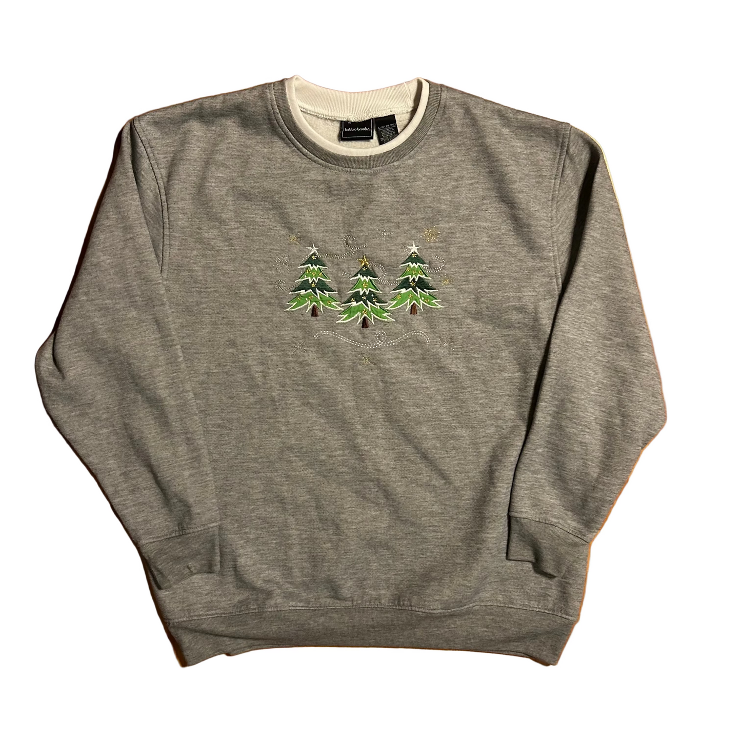 Bobbie Brooks Grey Christmas Tree Embroidered Crewneck Sweatshirt - Large - 22" x 27"