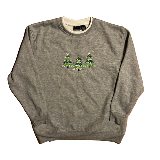 Bobbie Brooks Grey Christmas Tree Embroidered Crewneck Sweatshirt - Large - 22" x 27"