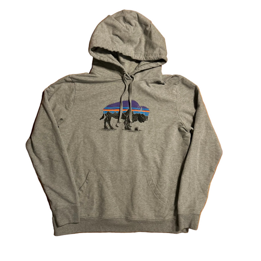 Patagonia Phartagonia Organic Cotton Buffalo Logo Grey Hoodie Sweatshirt - Large - 22" x 26"