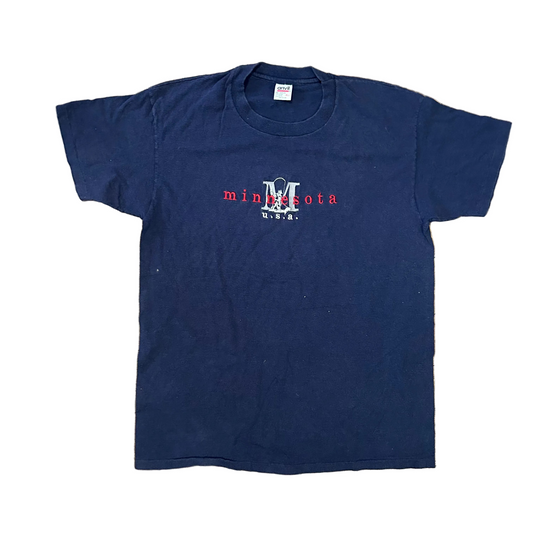 90’s Anvil Minnesota USA Embroidered Navy Tshirt - Large - 23" x 31"