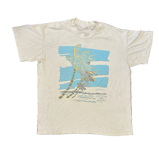 80/90’s Beach Deisgn Grey White Tshirt - Large - 22.5" x 27"