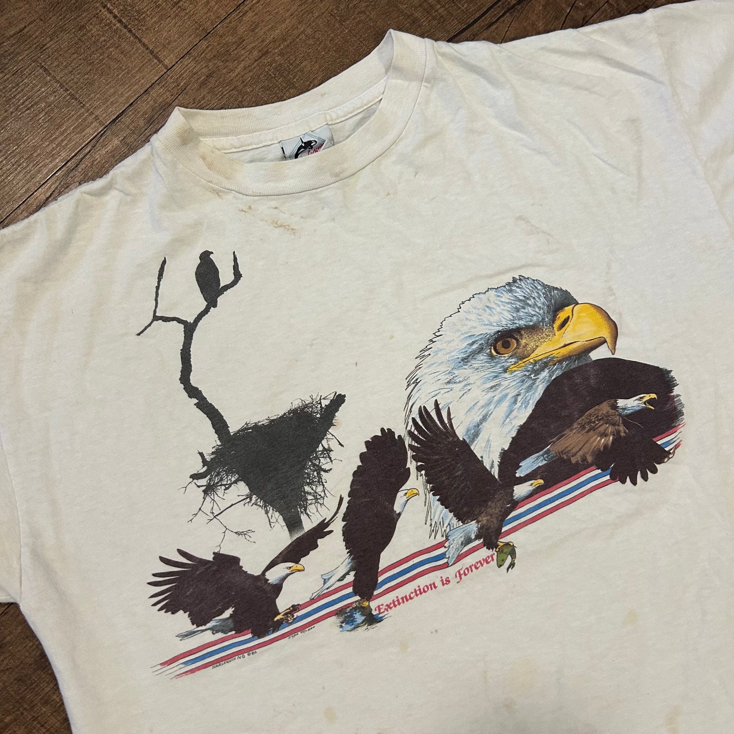 90’s Harlequin Bald Eagle Extinction is Forever White Tshirt - Large - 23" x 26"
