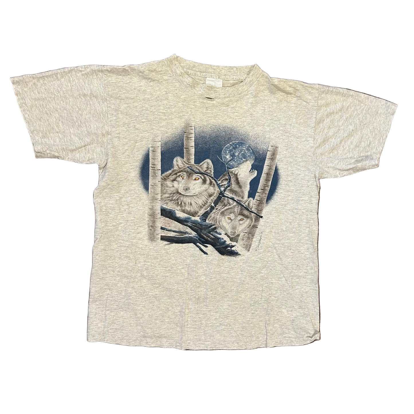 80/90’s Wolf Howling Distressed Grey Tshirt - Medium - 21" x 25"