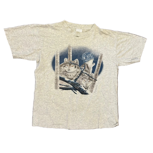 80/90’s Wolf Howling Distressed Grey Tshirt - Medium - 21" x 25"