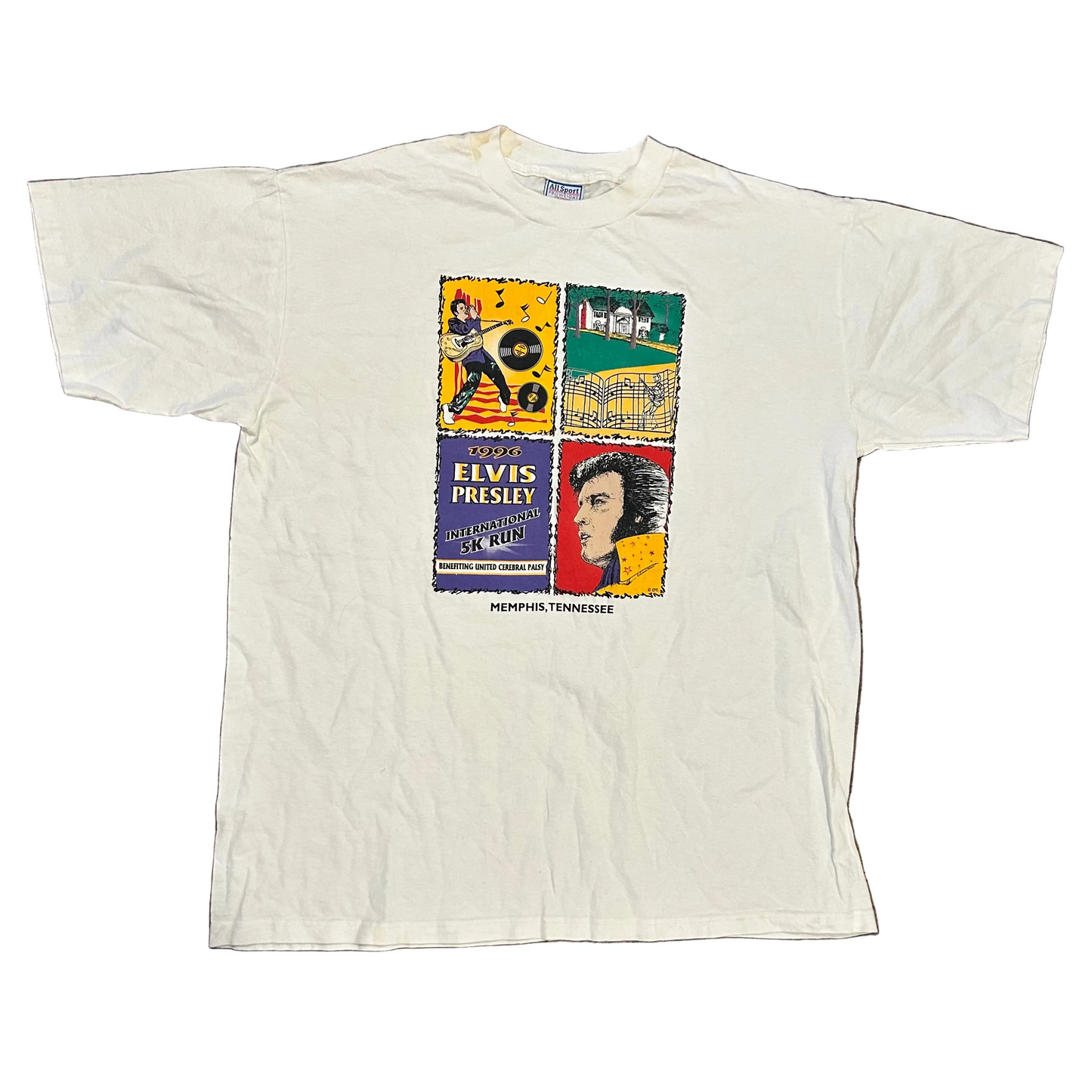 90’s Allsport Elvis Presley 5k Running Memphis White Tshirt - XLarge - 25" x 32"