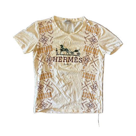 Hermes Paris Designer White VNeck Tshirt - Small - 18" x 24.5"
