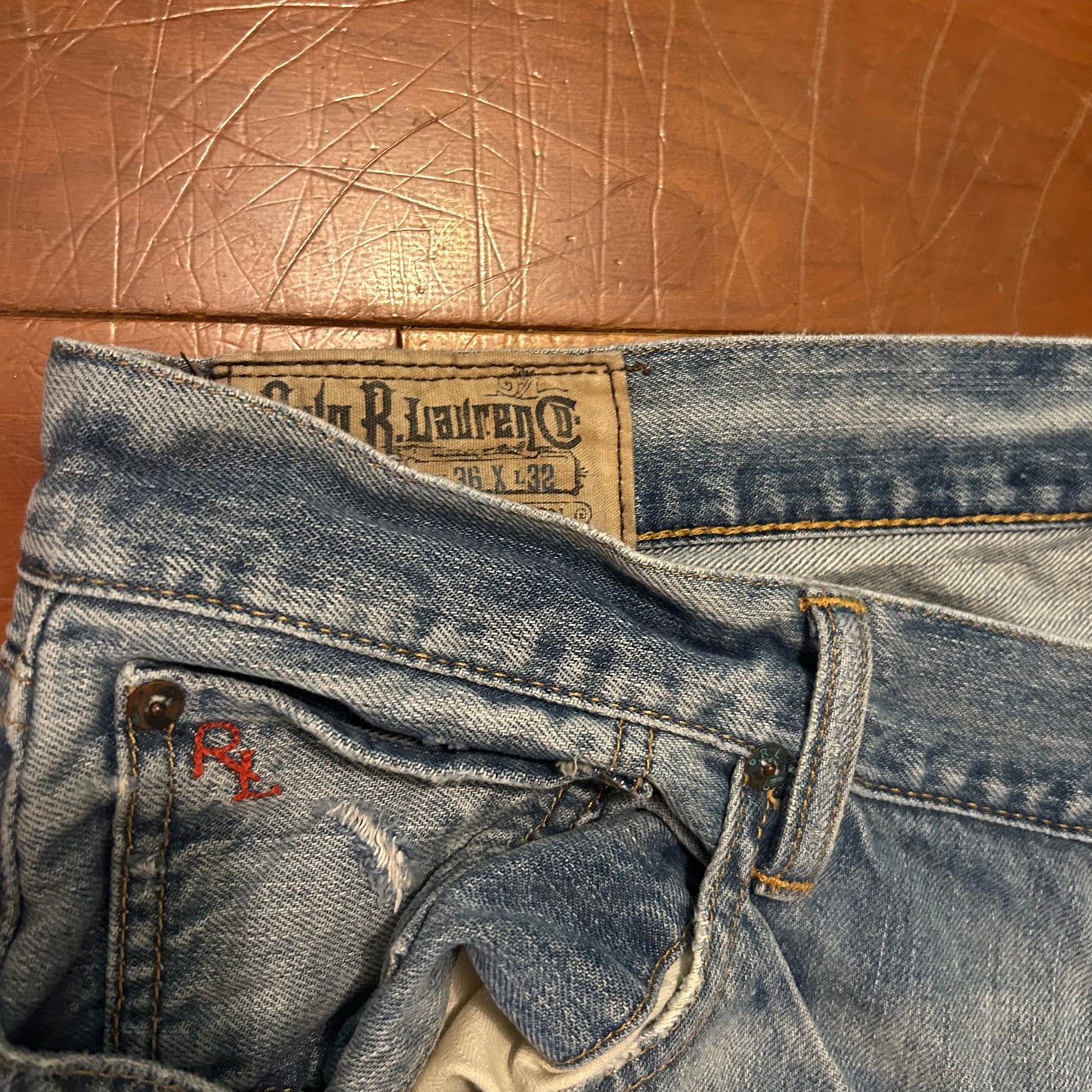 Polo Ralph Lauren Distressed Light Wash Denim Blue Jeans - 38" x 33"
