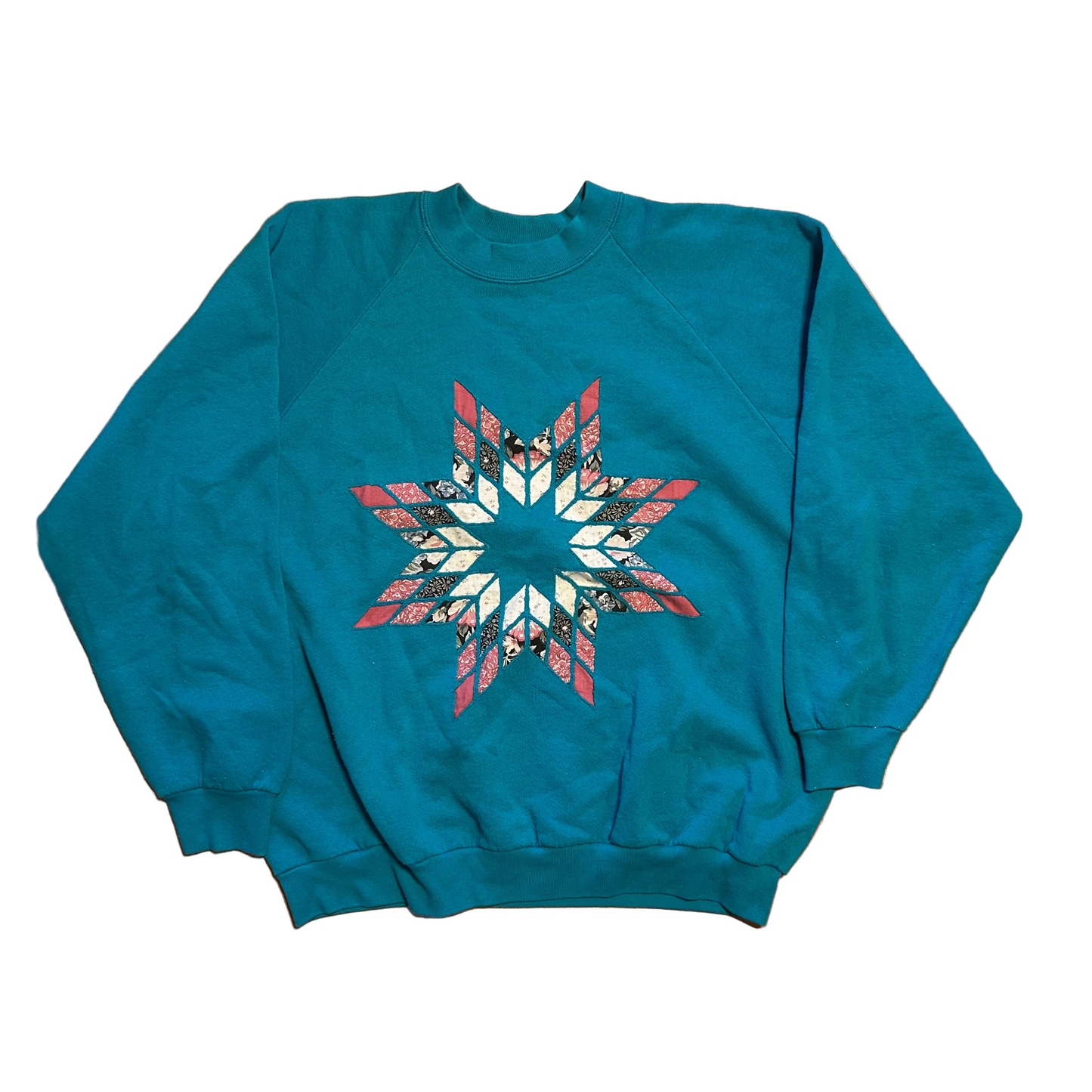 90's FOTL Teal Blue Star Design Crewneck Sweatshirt - XLarge - 24" x 24.5"
