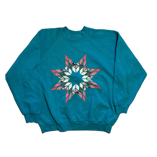 90's FOTL Teal Blue Star Design Crewneck Sweatshirt - XLarge - 24" x 24.5"