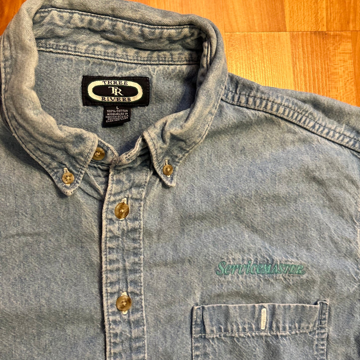 Three Rivers Servicemaster Embroidered Denim Jean Button Up Shirt - XLarge - 24" x 29"