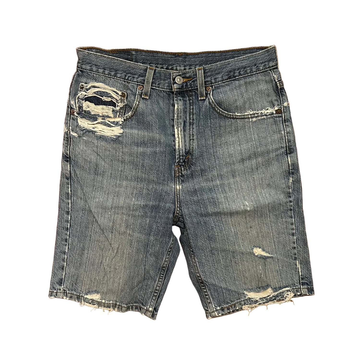 Levis 505 Denim Blue Jeans Distressed Shorts Jorts - 31" x 9.5"