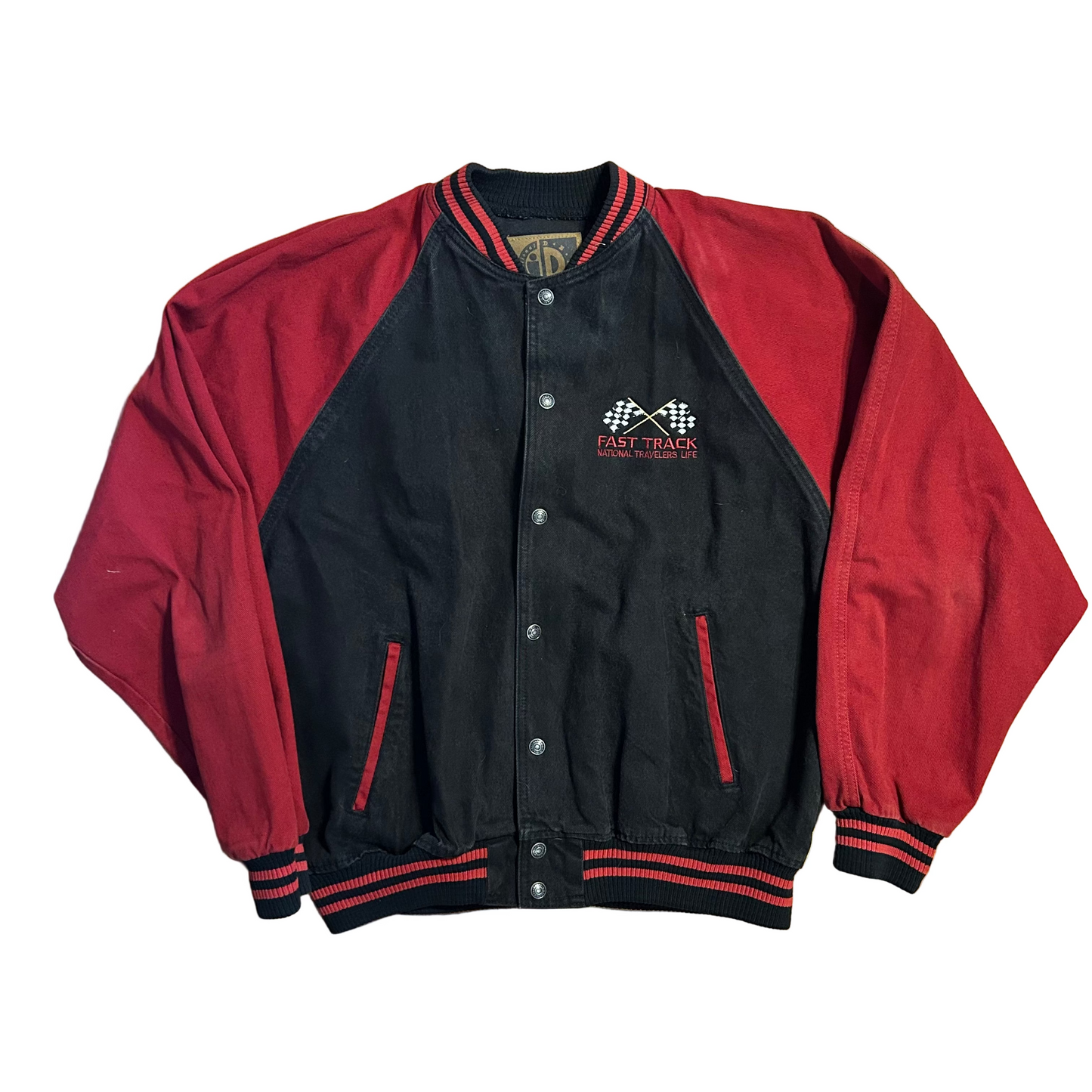 International Travelers Life Fast Track International Denim Red Black Varsity Bomber Jacket - XLarge - 25" x 27"