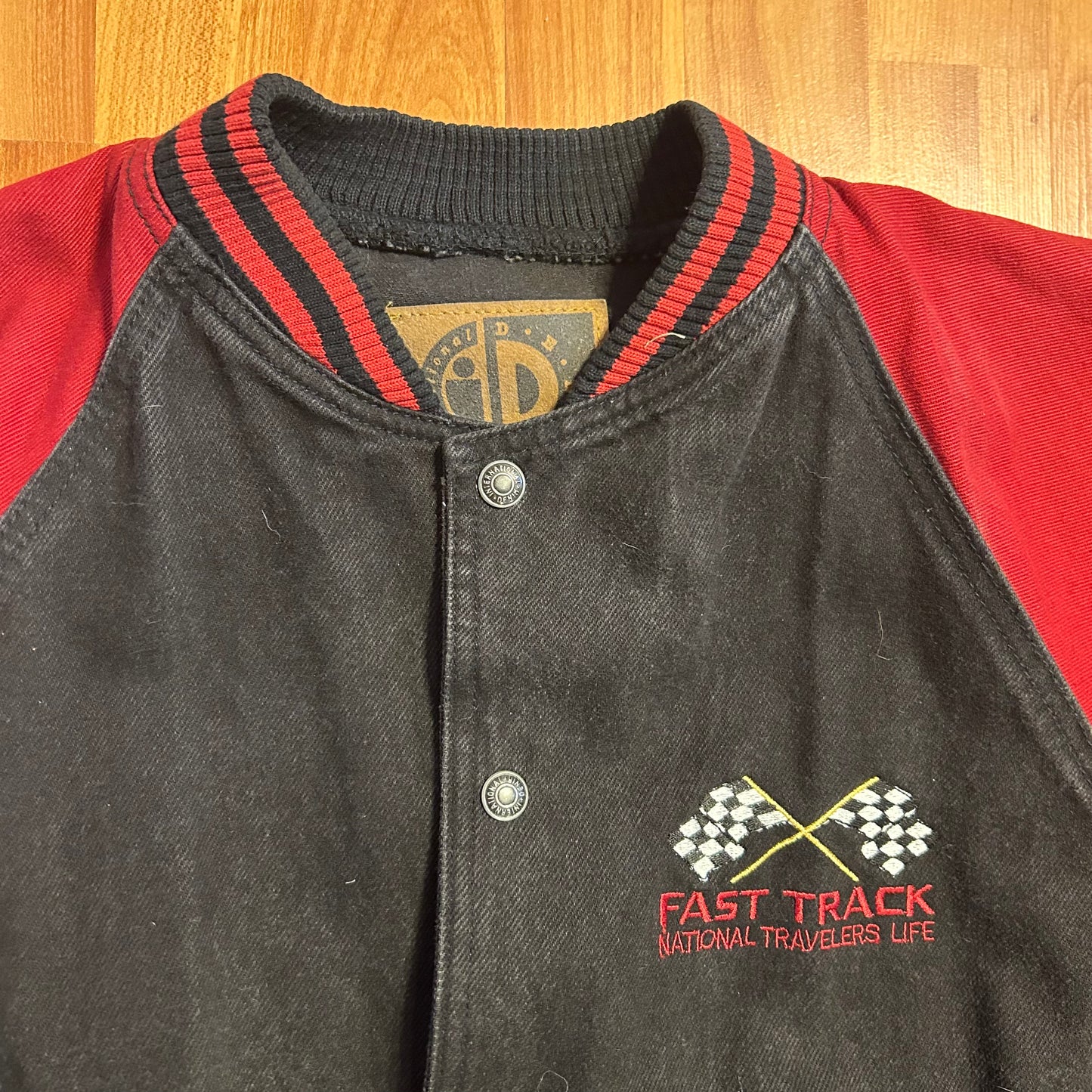 International Travelers Life Fast Track International Denim Red Black Varsity Bomber Jacket - XLarge - 25" x 27"