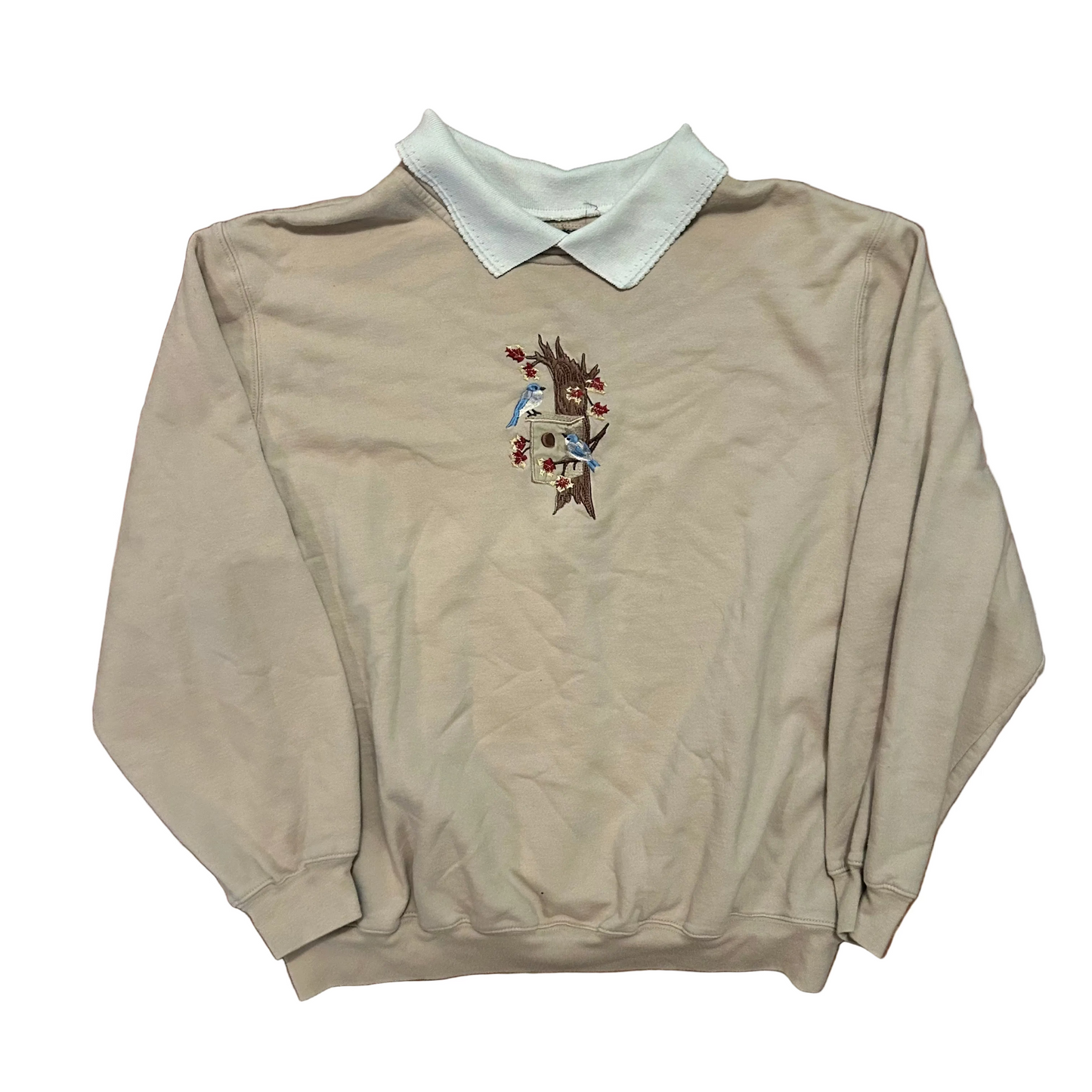 Tan Cream Blue Jay Birdhouse Collared Crewneck Sweatshirt - Large - 23" x 25.5"
