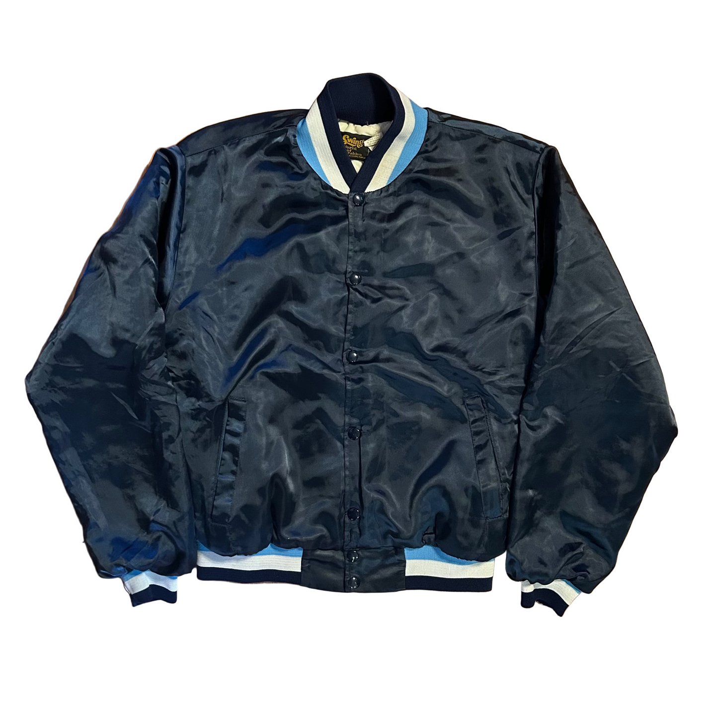 80's Swingster World of Wearables Navy Blue Bomber Jacket - Large - 22" x 21.5"