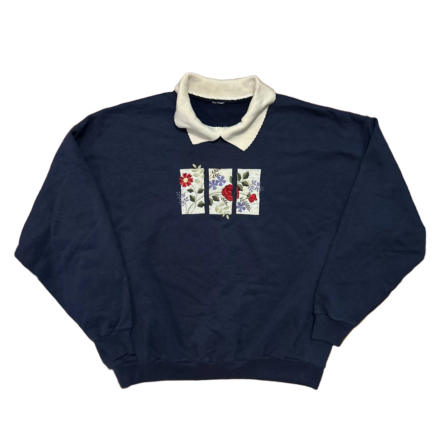 Navy Blue Flowers Floral White Collared Crewneck Sweatshirt - Boxy Large - 23" x 23"